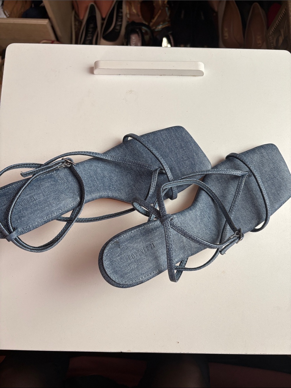 Forever 21 Denim-Look Strappy Square-Toe Sandals - Blue - Picture 5 of 8